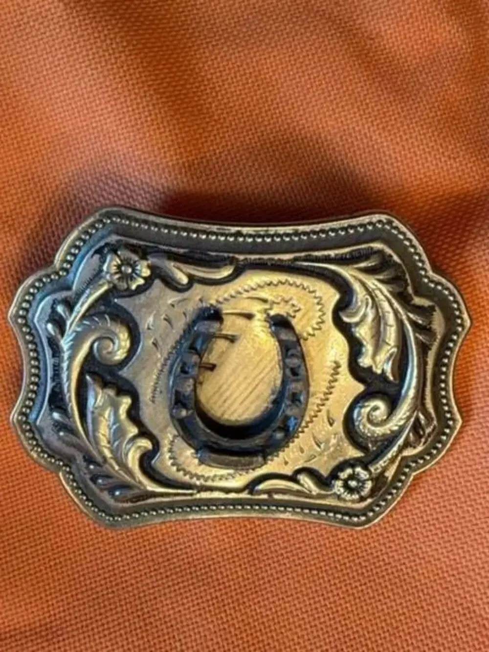 Vintage Western Floral Scroll Belt Buckle with Center Horseshoe